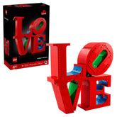 LEGO Art LOVE (31214) construction set featuring a vibrant red sculpture spelling "LOVE" with green and blue accents, alongside the box displaying the artwork's title and artist.